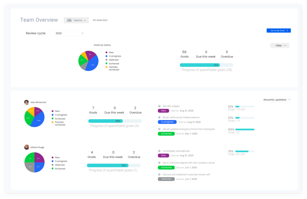 Team overview allows managers to track goals for the whole team