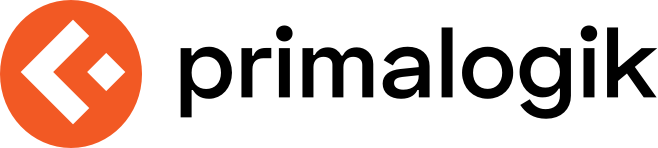 Primalogik logo in orange, white and black png