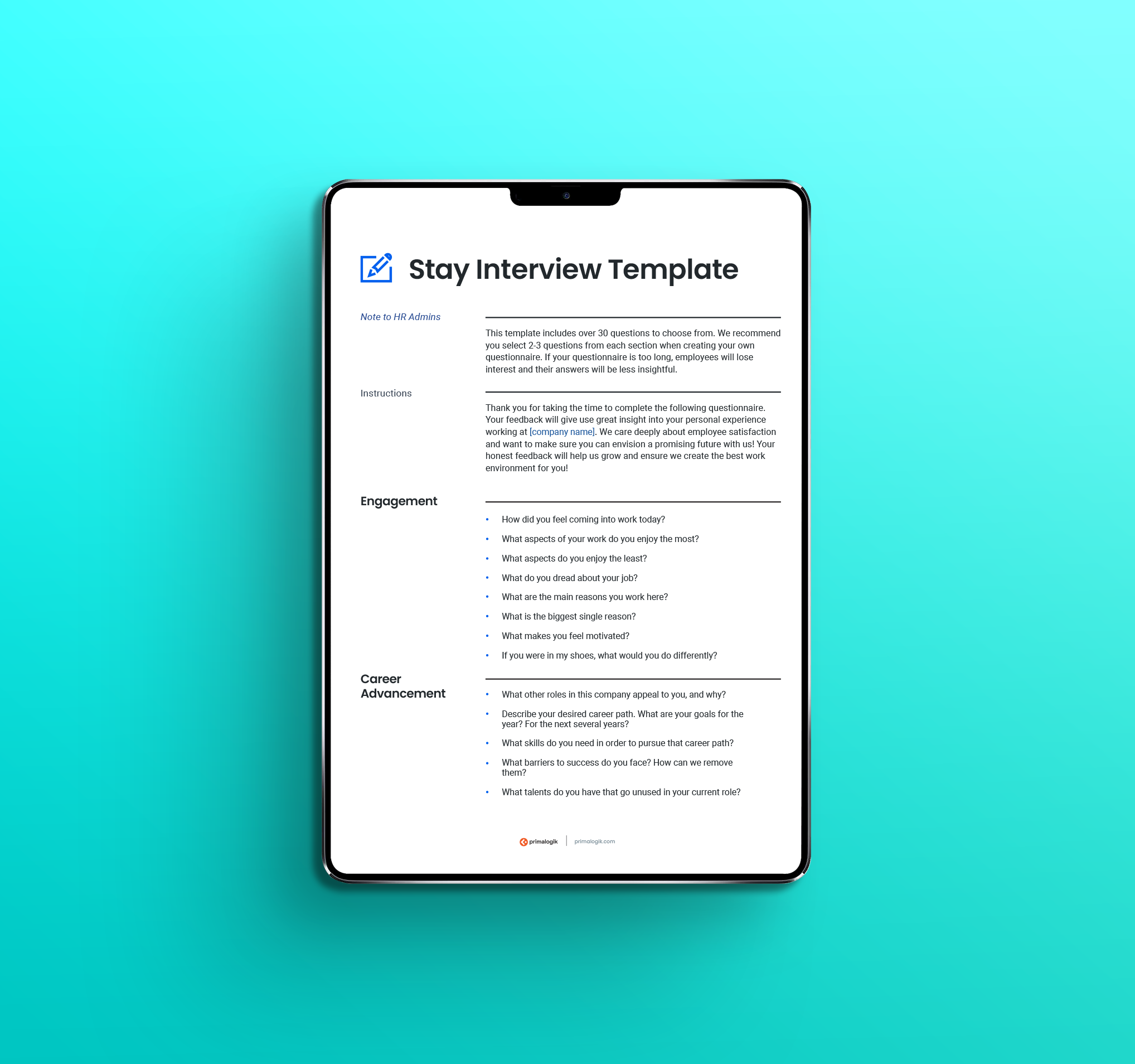 A tablet displaying Stay Interview Template