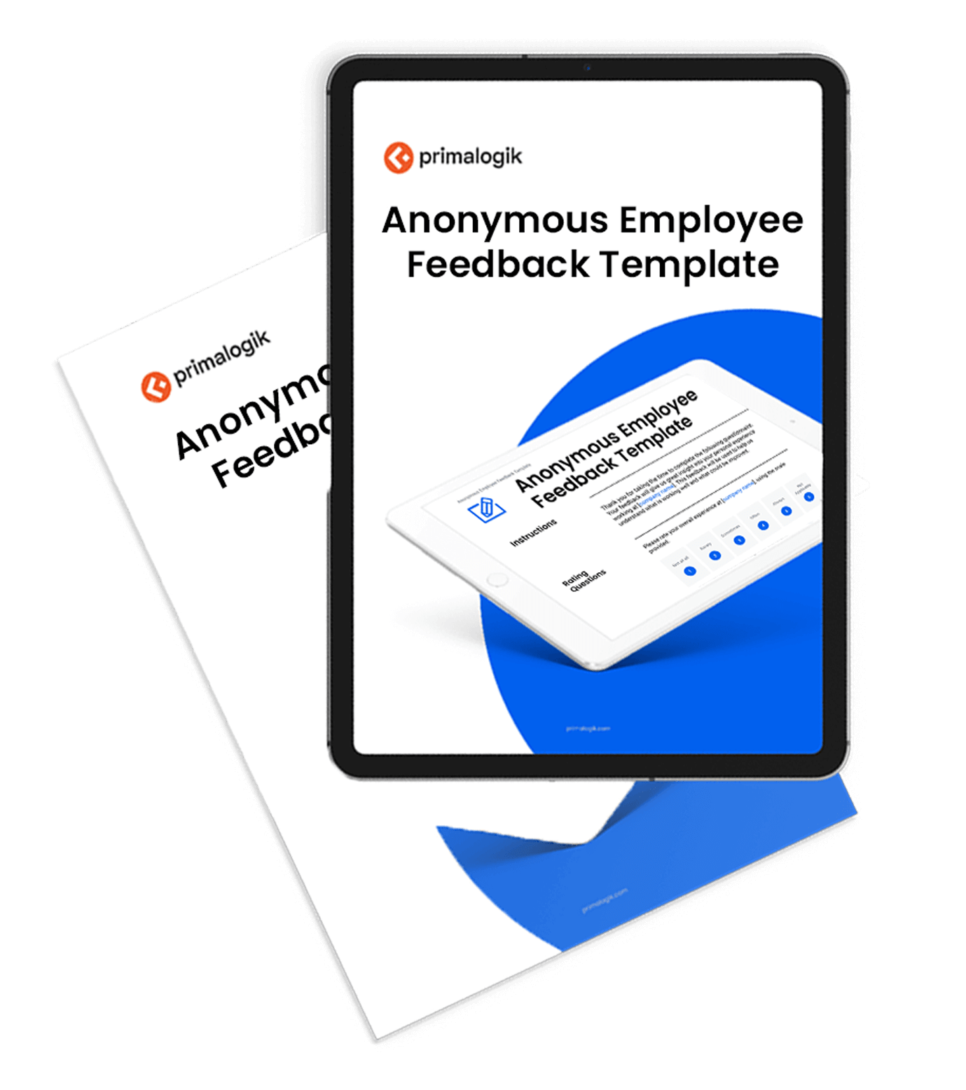 A document and a tablet showing The Anonymous Employee Feedback Template