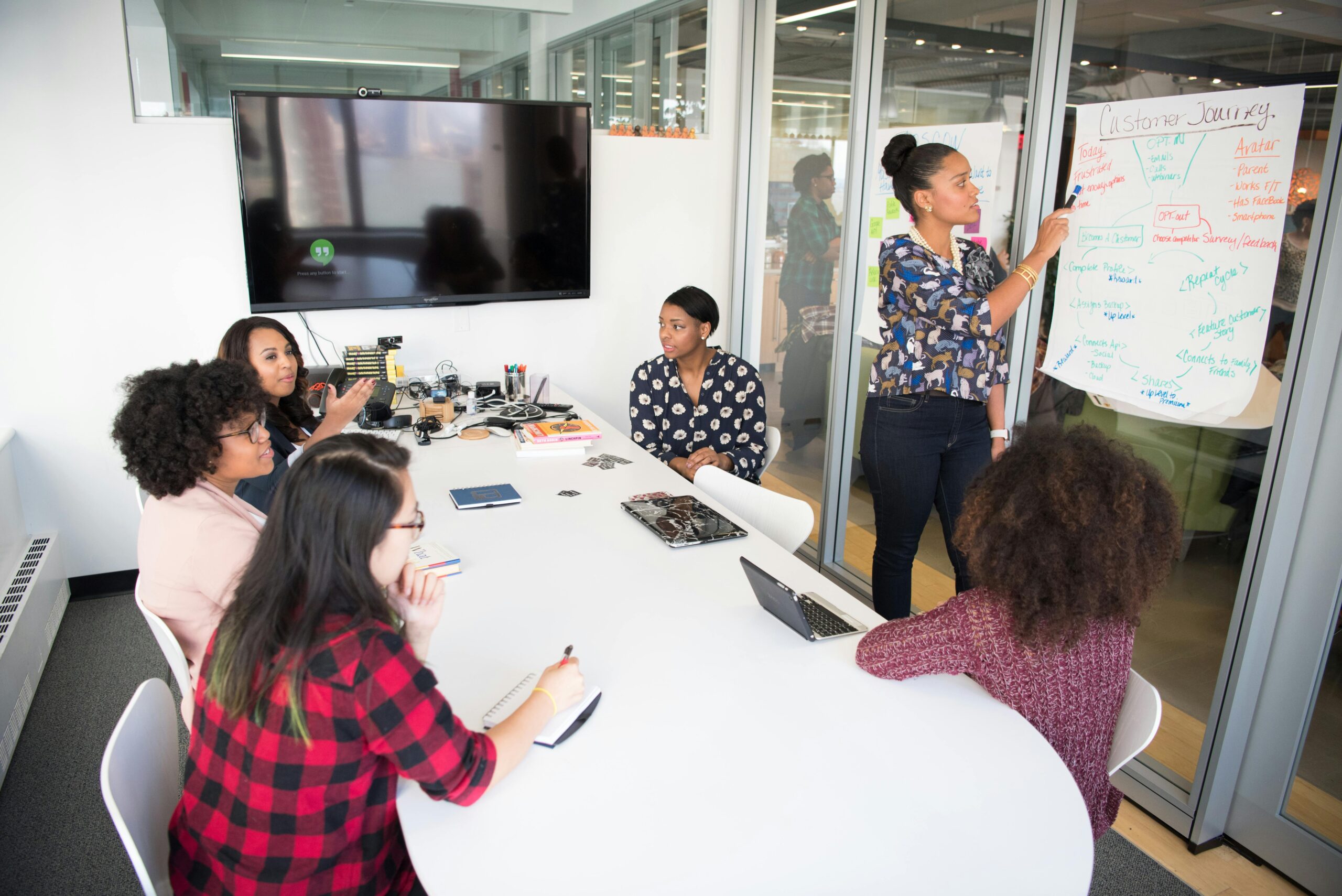 Women Colleagues discussing employee performance inside Conference Room